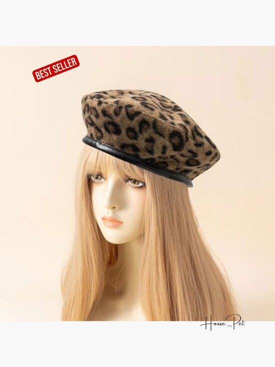 Leopard Print Beret Hat PU Brim Adjustable Artist Caps Felt French Beret main image 5